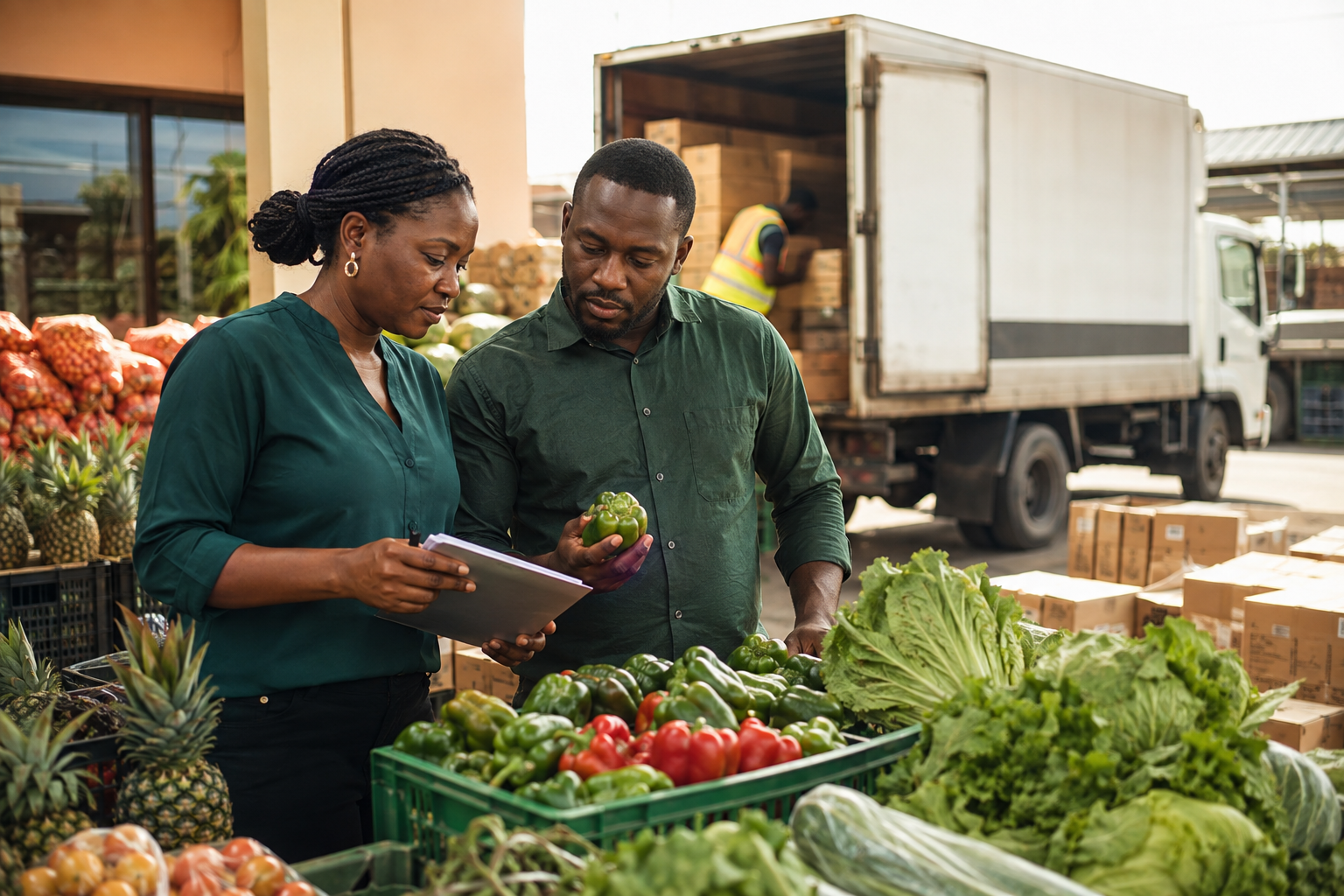 Nigerian agribusiness and procurement professionals inspecting produce for organized distribution