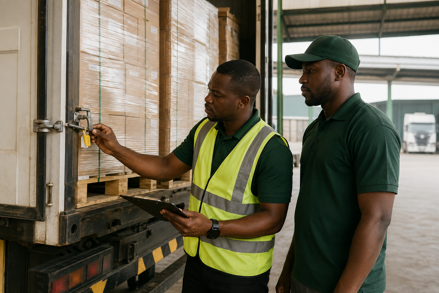 AFGNL logistics coordinator inspecting sealed commercial cargo before dispatch
