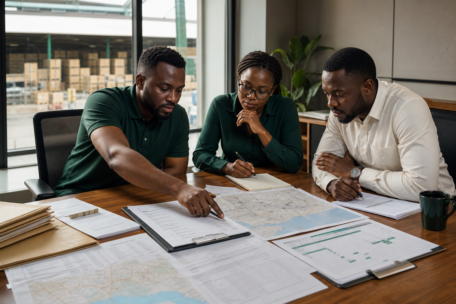 Nigerian business professionals reviewing operational plans and shipment documentation